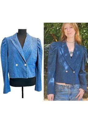 500 Maison Cinqcent blue denim Puff Sleeve cropped bolero Blazer Jacket Sz M